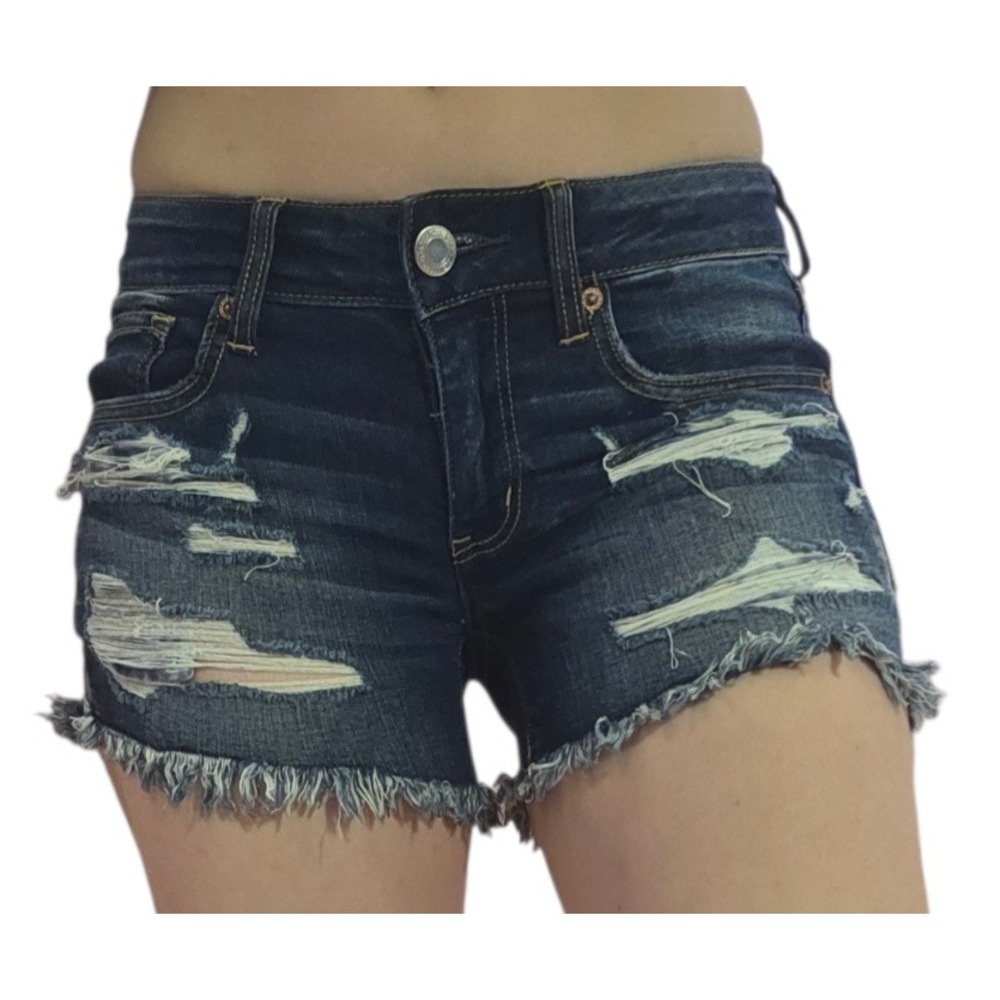 American Eagle Outfitters Midi Denim Shorts Dark Wash Distressed Ripped Size 2